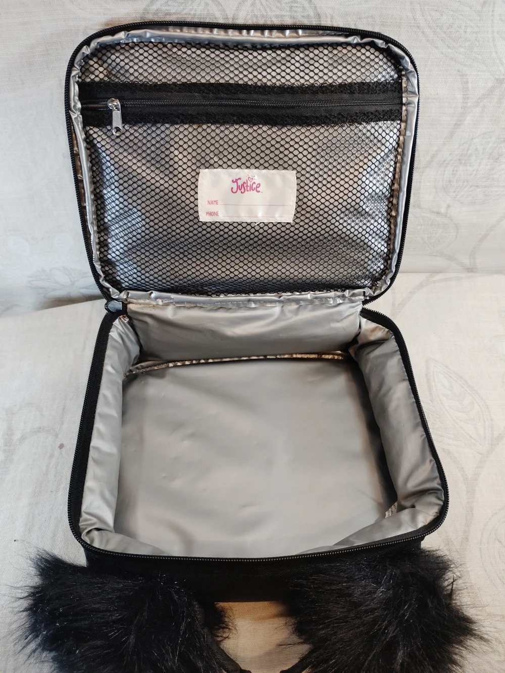 Justice Silver Sequin Panda Kids Lunch Tote Bag with Black Fur Ears